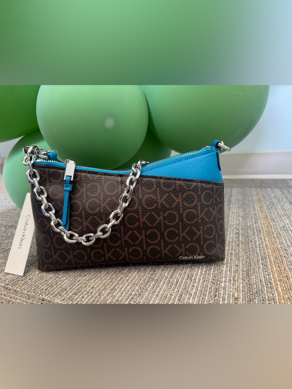 Calvin Klein Brown Logo Wristlet with Bright Blue Trim & Silver Chain